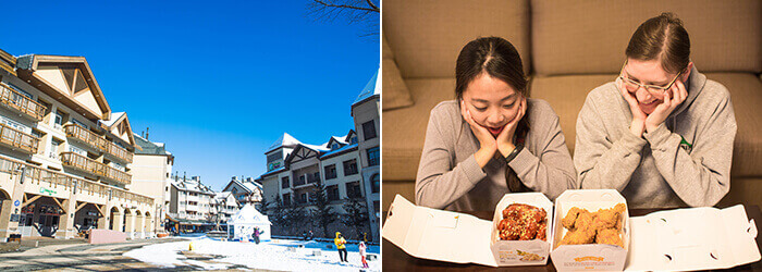 Photo_Bagian luar Akomodasi Resor Ski (kiri) / wisatawan menikmati sajian ayam di kamarnya (kanan)